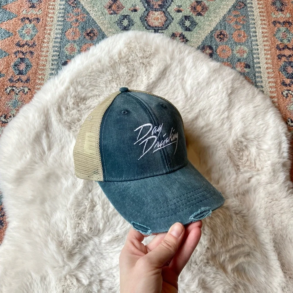 NEW Trucker hat Day Drinking distressed baseball cap women’s baseball mesh OSFM